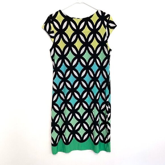 MADISON LEIGH Black White Green Geometric Print Short Cap Sleeve Sheath Dress 12 - Picture 7 of 14